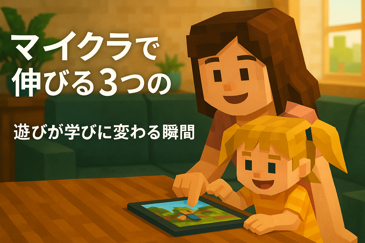 マイクラを遊ぶ母と娘がリビングで学びを楽しんでいる様子（親子でマインクラフト）