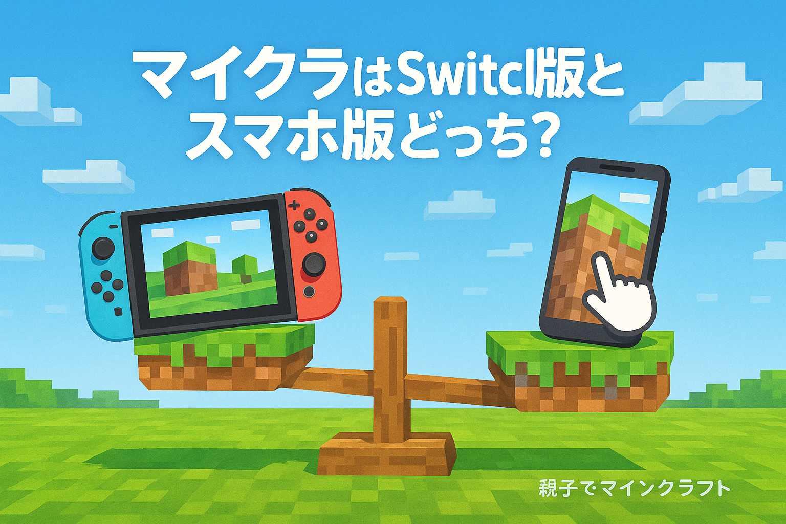 マイクラSwitch版とスマホ版の比較をイメージした天秤構図のイラスト