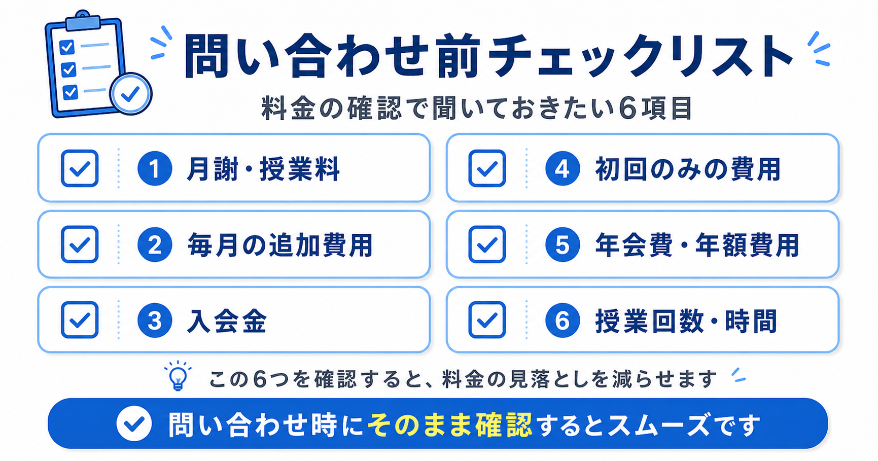 キュレオ教室へ問い合わせる前に確認したい月謝・追加費用・入会金などのチェックリスト